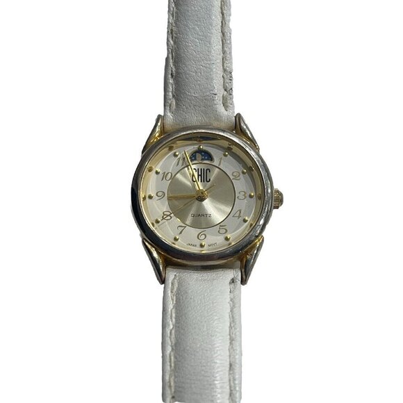 Chic Women\'s Watch Moon Face Dial Gold Tone Face White Band LCH155 012 2015 main image 7